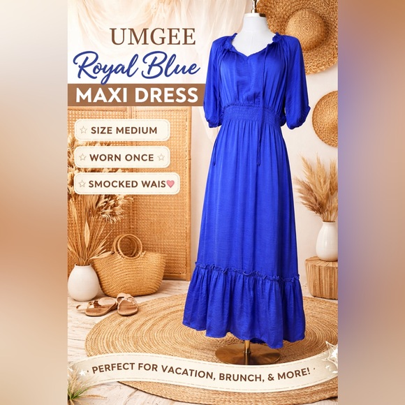 Umgee Romantic Royal Blue Smocked Waist Maxi Dress Size Medium - Picture 4 of 5